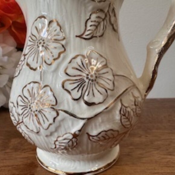 Vintage James Kent Ceramic Floral Pitcher Vase English Cottagecore Jug Gold - Picture 5 of 10